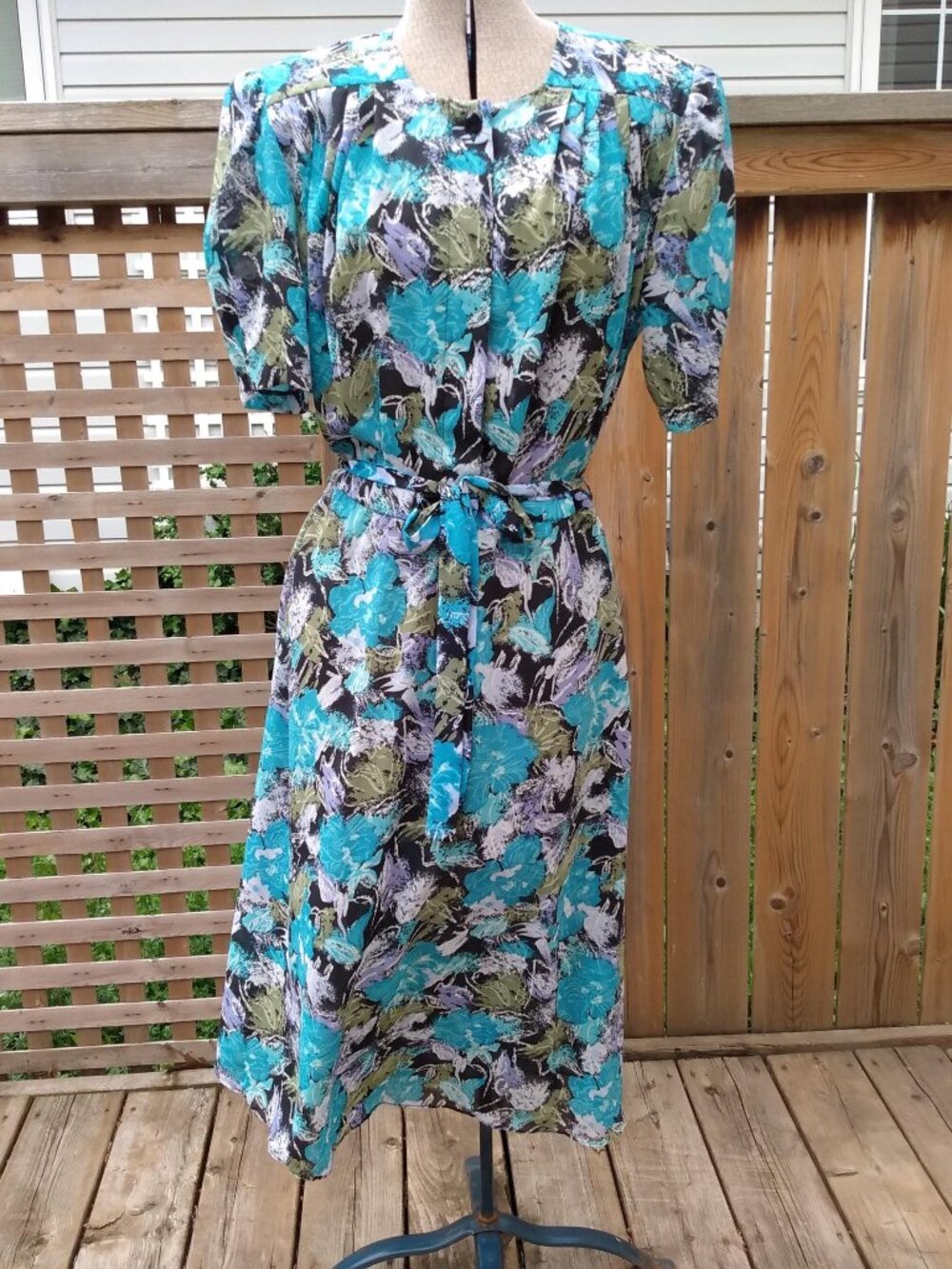 Vintage Floral Tea Dress Size 12 Puffed Sleeves Shoulder Pads 80s 90s